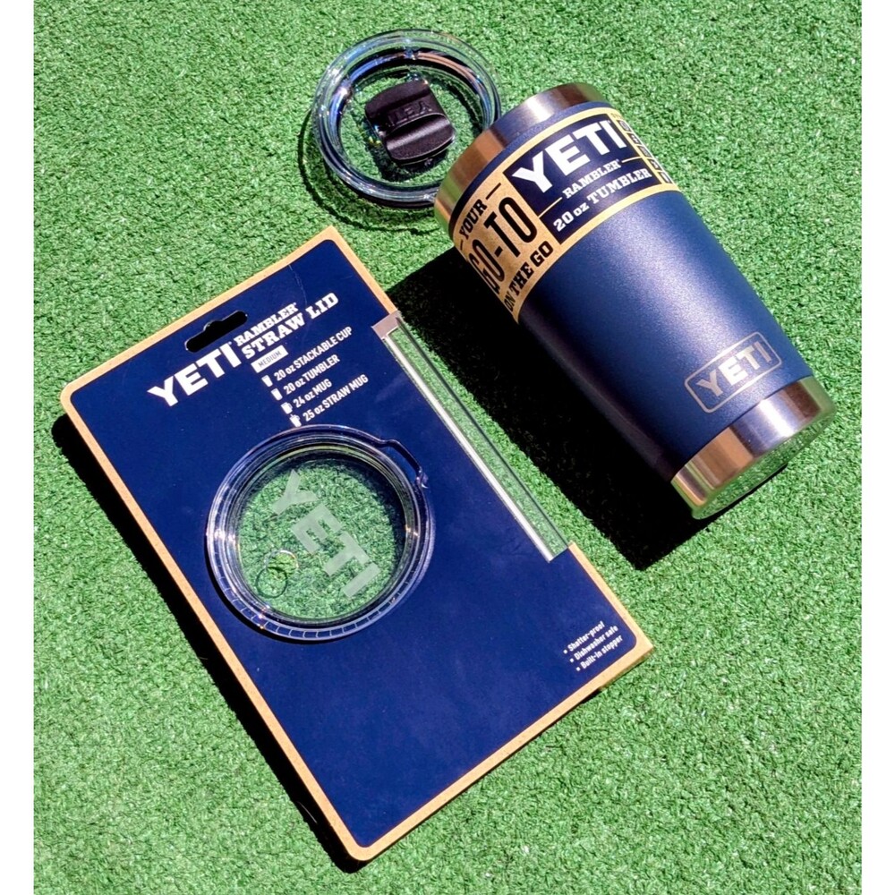 YETI Rambler 20oz Tumbler Navy/Silver w/Magslider+Straw Lids Set Cup/Thermos NIP